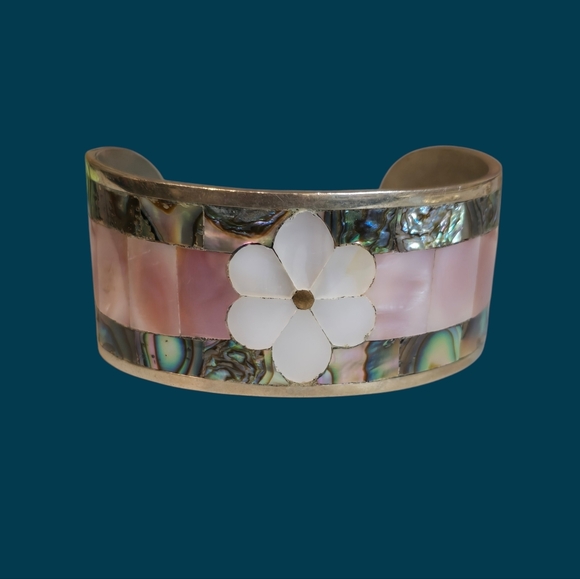 Jewelry - Vintage Silver Abalone with Mother of Pearl Flower Cuff Bracelet - See Note
